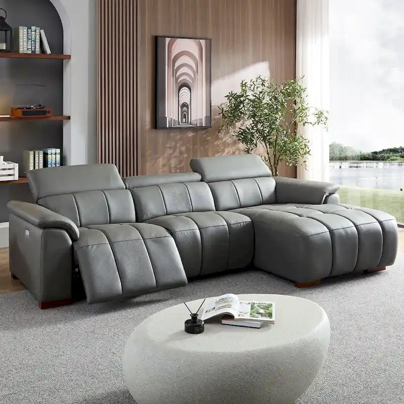 Canapé inclinable électrique avec port USB, sectionnel en cuir véritable en forme de L