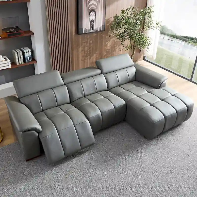 Canapé inclinable électrique avec port USB, sectionnel en cuir véritable en forme de L