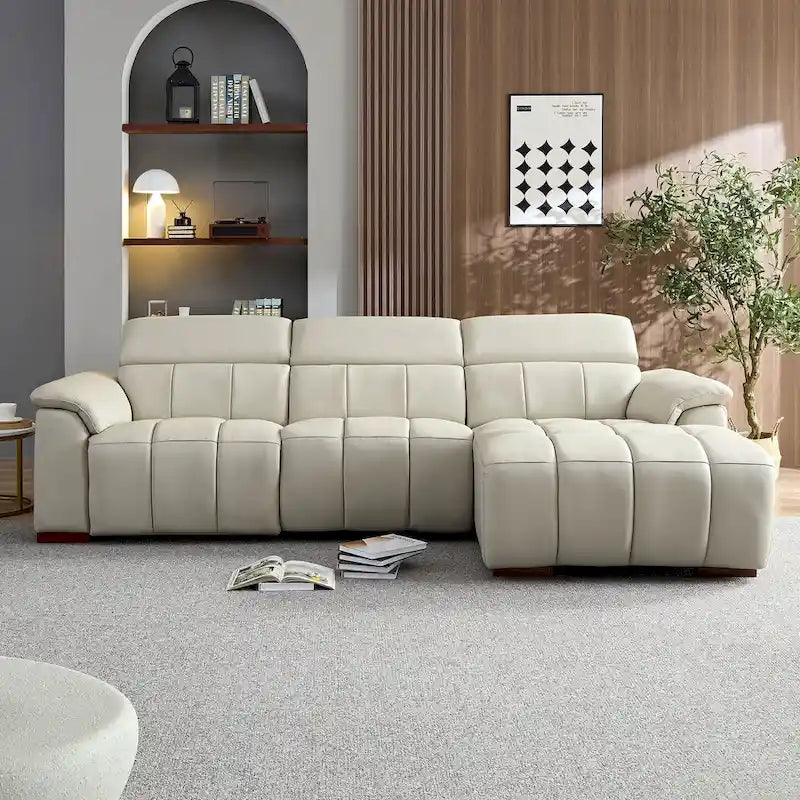 Canapé inclinable électrique avec port USB, sectionnel en cuir véritable en forme de L