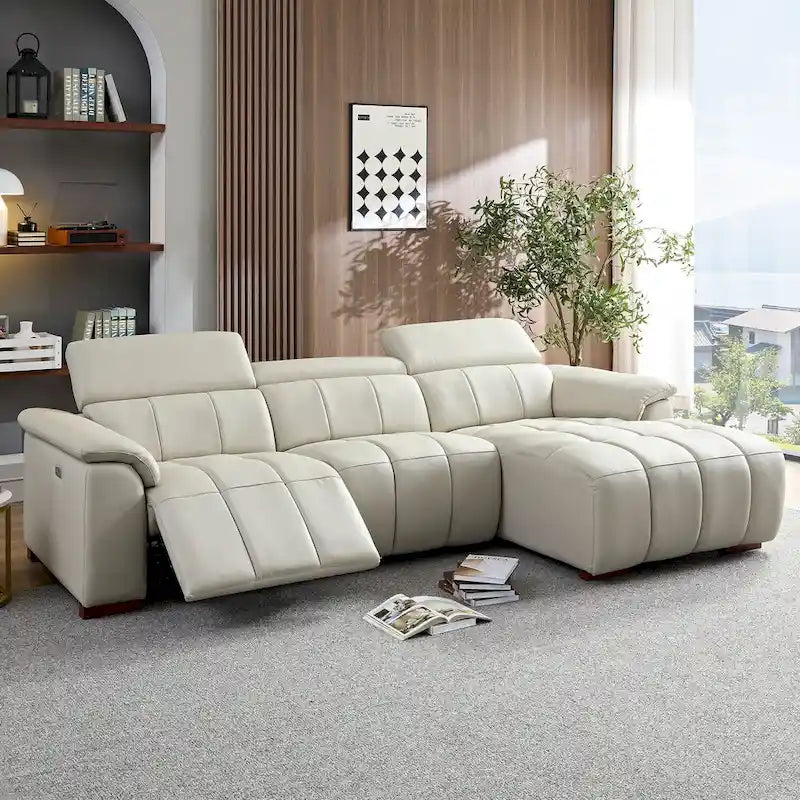 Canapé inclinable électrique avec port USB, sectionnel en cuir véritable en forme de L