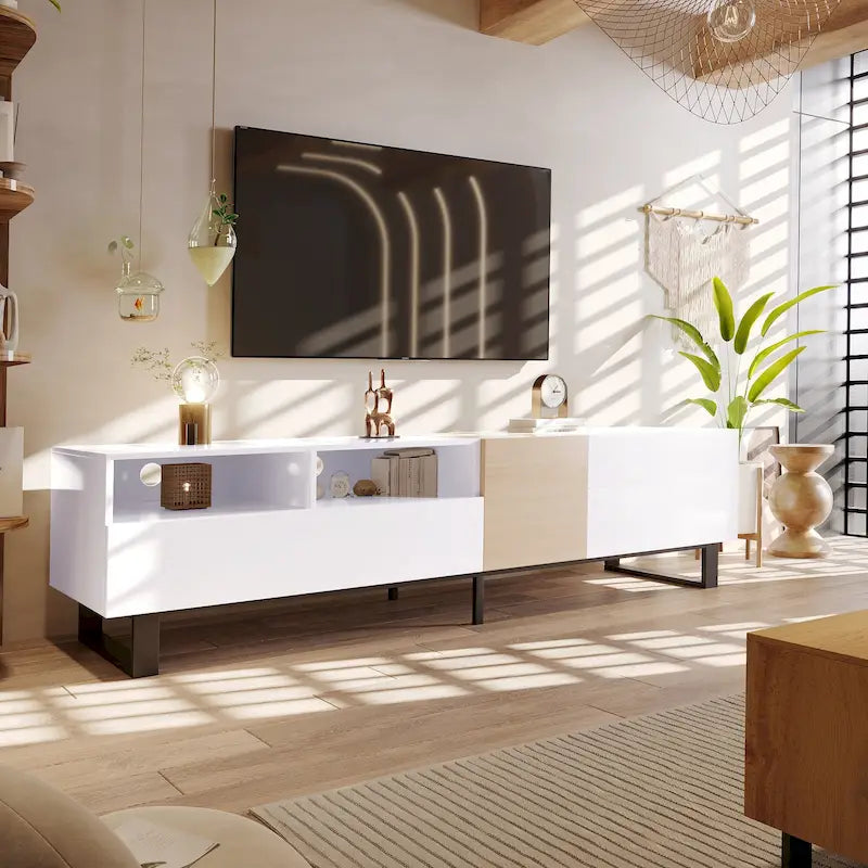 Meuble TV Blanc+Naturel de 70,9 po avec rangement et porte abattante pour téléviseurs jusqu'à 80 po