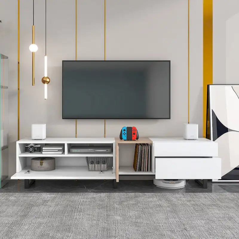 Meuble TV Blanc+Naturel de 70,9 po avec rangement et porte abattante pour téléviseurs jusqu'à 80 po