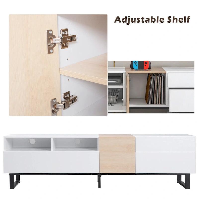Meuble TV Blanc+Naturel de 70,9 po avec rangement et porte abattante pour téléviseurs jusqu'à 80 po