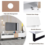 Meuble TV Blanc+Naturel de 70,9 po avec rangement et porte abattante pour téléviseurs jusqu'à 80 po