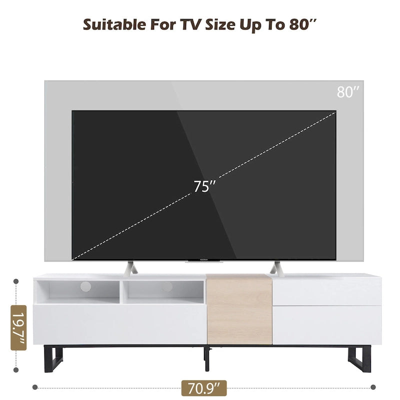 Meuble TV Blanc+Naturel de 70,9 po avec rangement et porte abattante pour téléviseurs jusqu'à 80 po