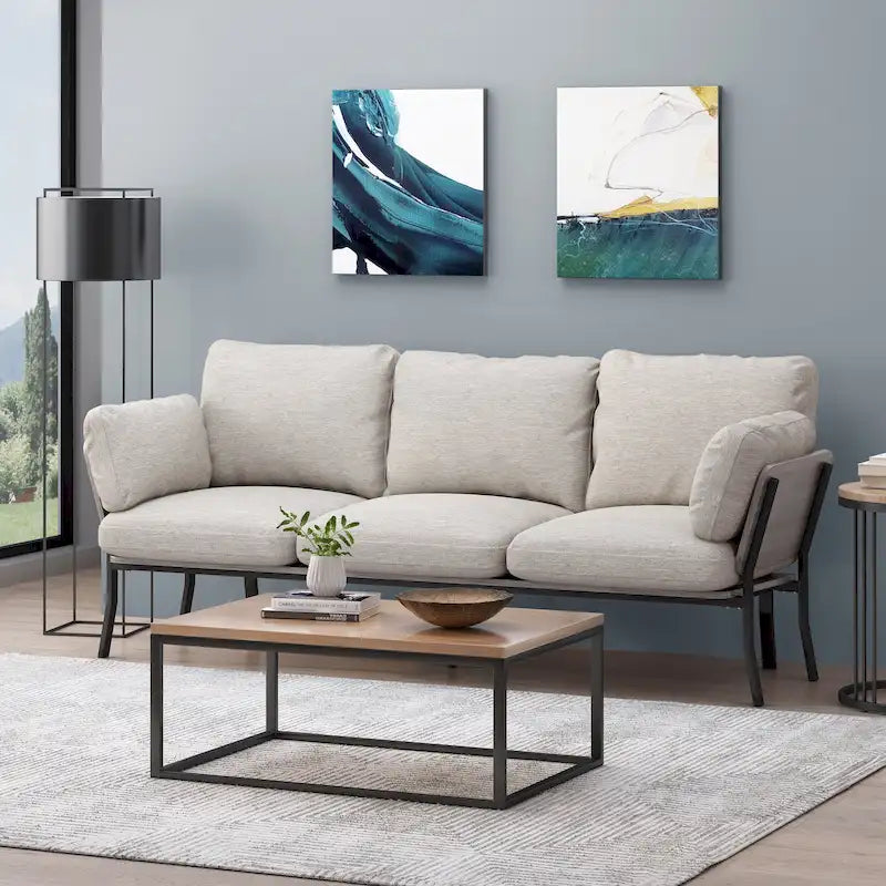 Canapé 3 places moderne 80,25 avec accoudoirs évasés, coussins et pieds en bois