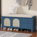 Banc de rangement avec coussin, 2 tiroirs et portes en rotin pour entrée