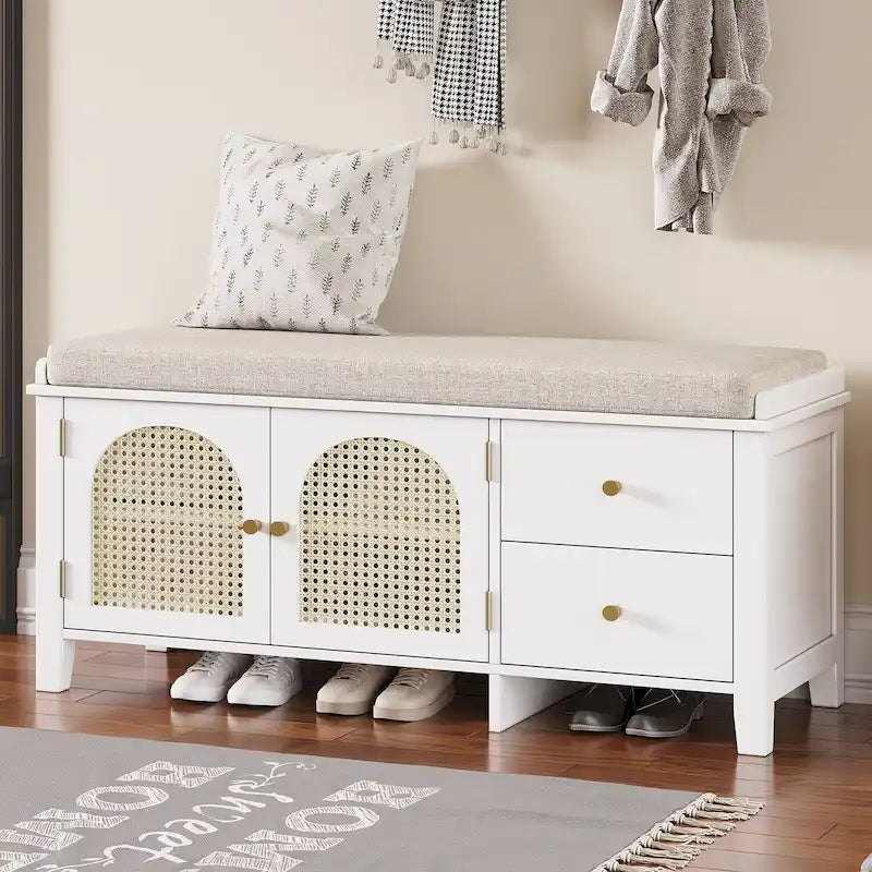 Banc de rangement avec coussin, 2 tiroirs et portes en rotin pour entrée