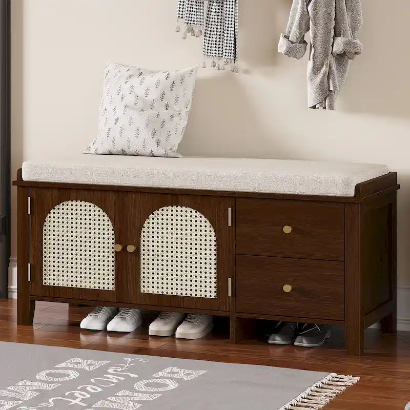 Banc de rangement avec coussin, 2 tiroirs et portes en rotin pour entrée