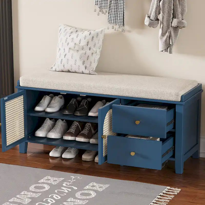 Banc de rangement avec coussin, 2 tiroirs et portes en rotin pour entrée