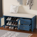 Banc de rangement avec coussin, 2 tiroirs et portes en rotin pour entrée