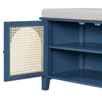 Banc de rangement avec coussin, 2 tiroirs et portes en rotin pour entrée