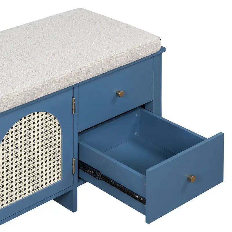 Banc de rangement avec coussin, 2 tiroirs et portes en rotin pour entrée