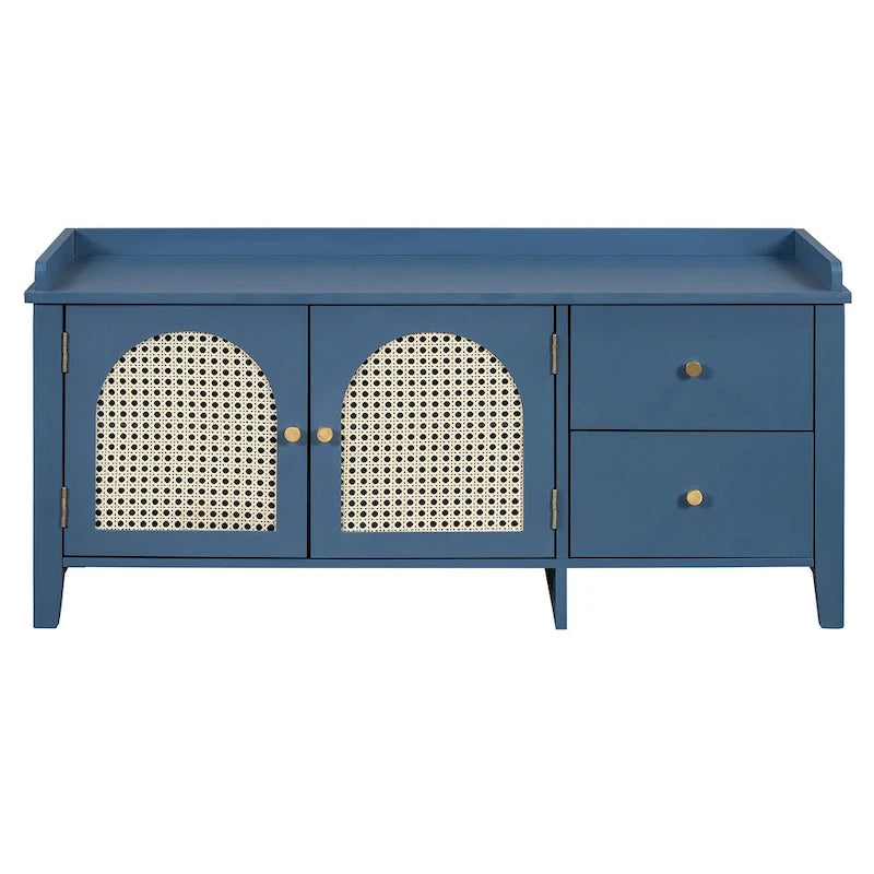 Banc de rangement avec coussin, 2 tiroirs et portes en rotin pour entrée