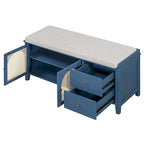 Banc de rangement avec coussin, 2 tiroirs et portes en rotin pour entrée