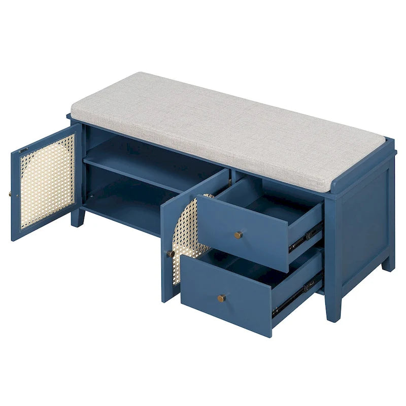Banc de rangement avec coussin, 2 tiroirs et portes en rotin pour entrée