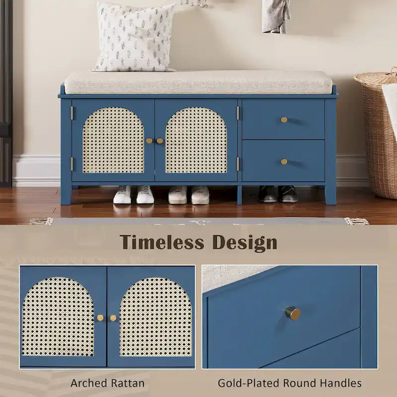 Banc de rangement avec coussin, 2 tiroirs et portes en rotin pour entrée