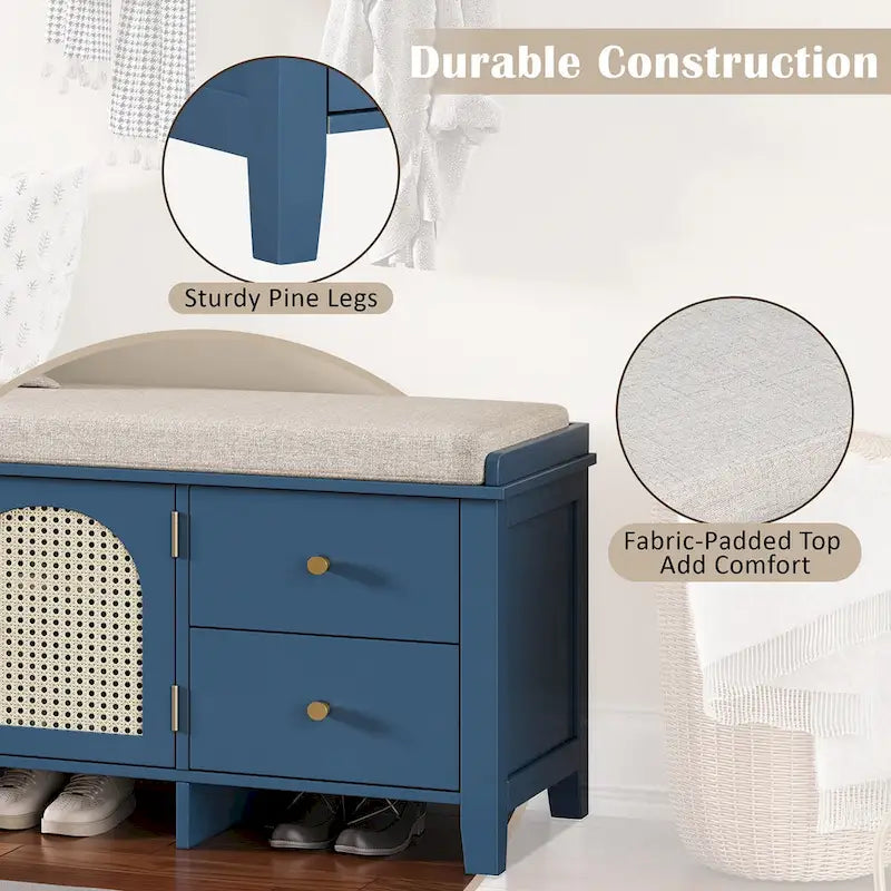 Banc de rangement avec coussin, 2 tiroirs et portes en rotin pour entrée