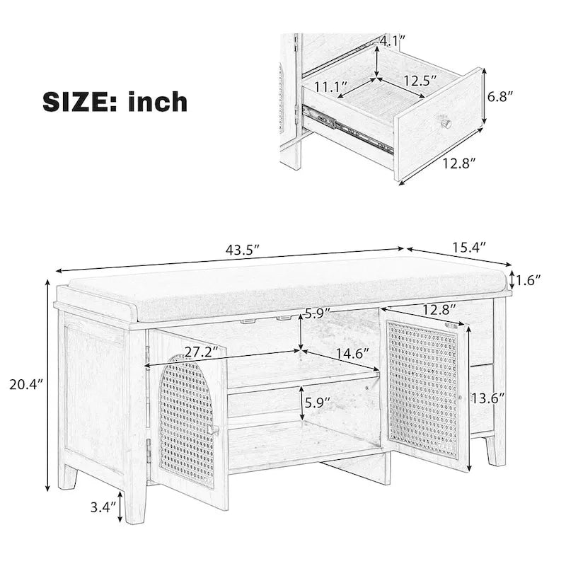 Banc de rangement avec coussin, 2 tiroirs et portes en rotin pour entrée