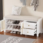 Banc de rangement avec coussin, 2 tiroirs et portes en rotin pour entrée