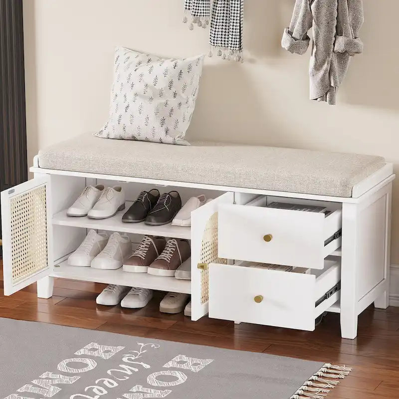 Banc de rangement avec coussin, 2 tiroirs et portes en rotin pour entrée