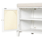 Banc de rangement avec coussin, 2 tiroirs et portes en rotin pour entrée