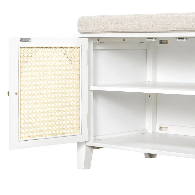 Banc de rangement avec coussin, 2 tiroirs et portes en rotin pour entrée