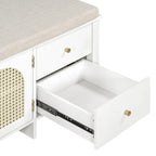 Banc de rangement avec coussin, 2 tiroirs et portes en rotin pour entrée