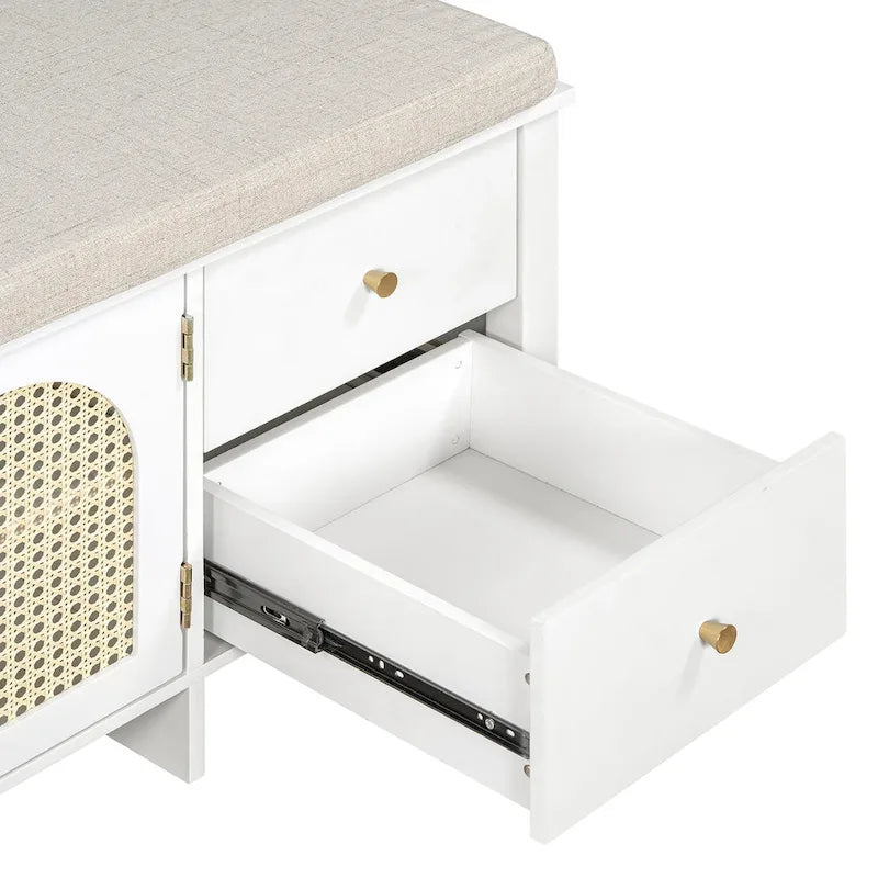 Banc de rangement avec coussin, 2 tiroirs et portes en rotin pour entrée