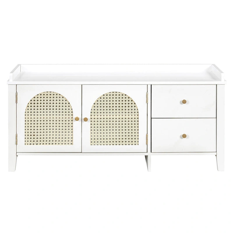 Banc de rangement avec coussin, 2 tiroirs et portes en rotin pour entrée