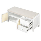Banc de rangement avec coussin, 2 tiroirs et portes en rotin pour entrée