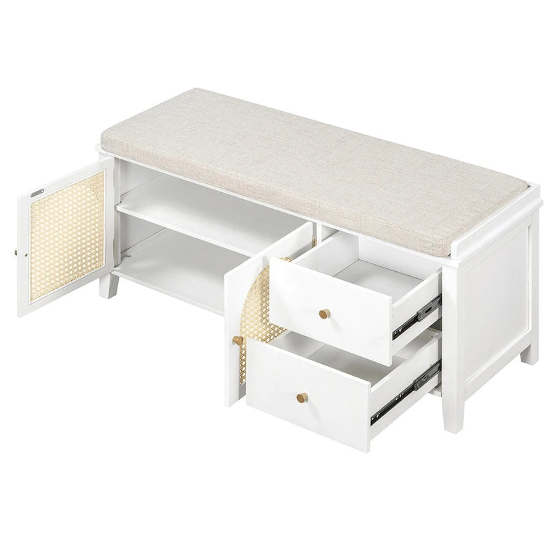 Banc de rangement avec coussin, 2 tiroirs et portes en rotin pour entrée