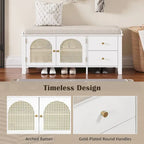 Banc de rangement avec coussin, 2 tiroirs et portes en rotin pour entrée