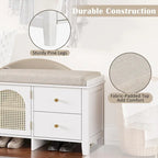 Banc de rangement avec coussin, 2 tiroirs et portes en rotin pour entrée