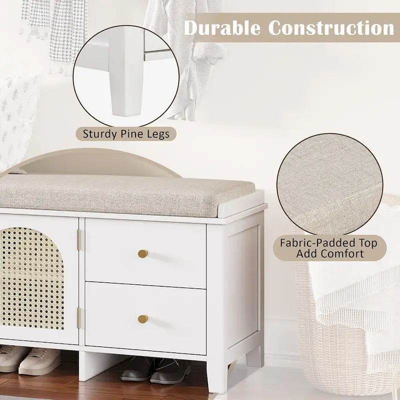 Banc de rangement avec coussin, 2 tiroirs et portes en rotin pour entrée