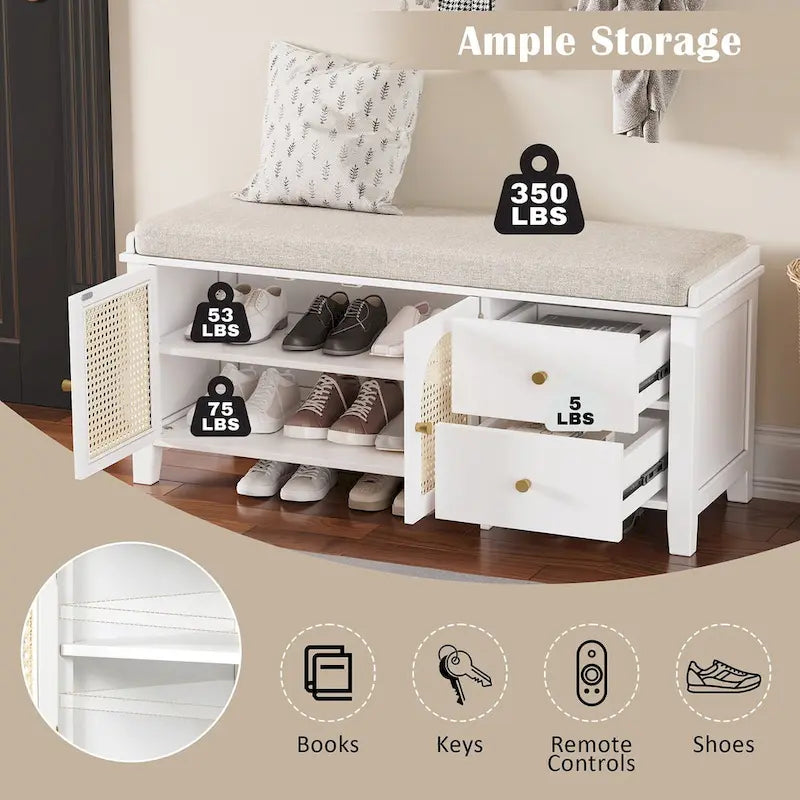 Banc de rangement avec coussin, 2 tiroirs et portes en rotin pour entrée