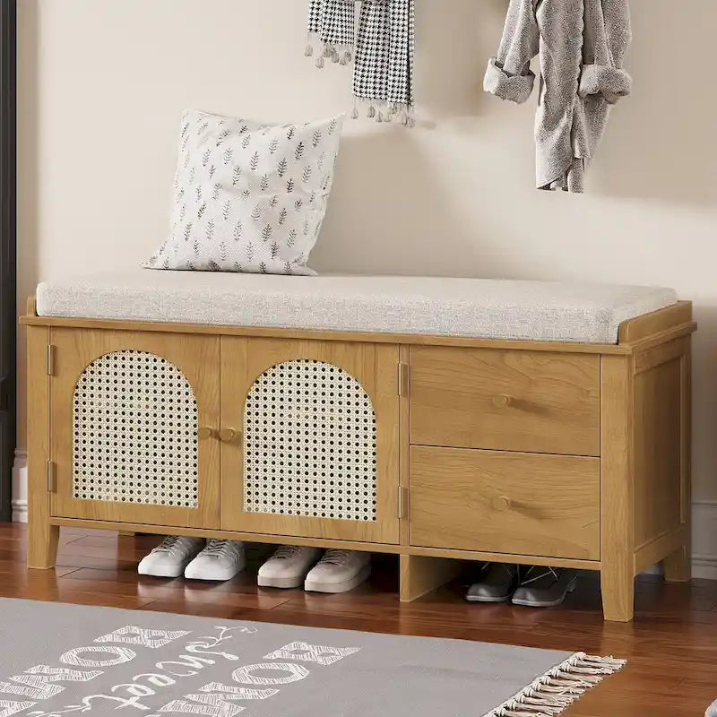 Banc de rangement avec coussin, 2 tiroirs et portes en rotin pour entrée
