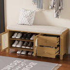 Banc de rangement avec coussin, 2 tiroirs et portes en rotin pour entrée