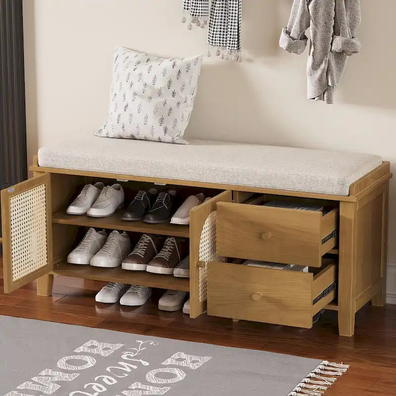 Banc de rangement avec coussin, 2 tiroirs et portes en rotin pour entrée