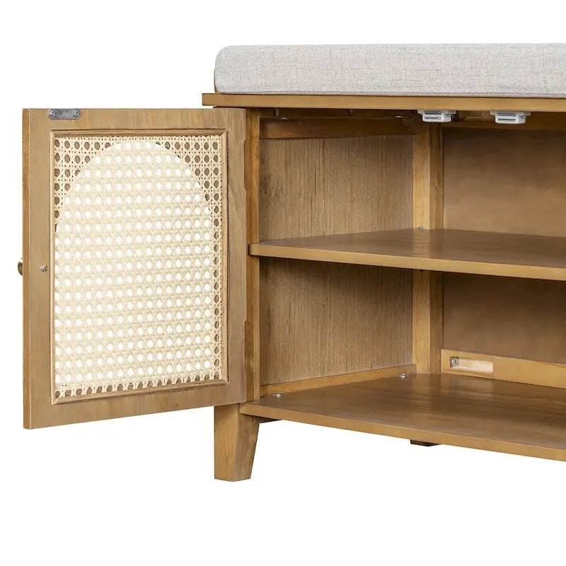 Banc de rangement avec coussin, 2 tiroirs et portes en rotin pour entrée