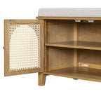 Banc de rangement avec coussin, 2 tiroirs et portes en rotin pour entrée