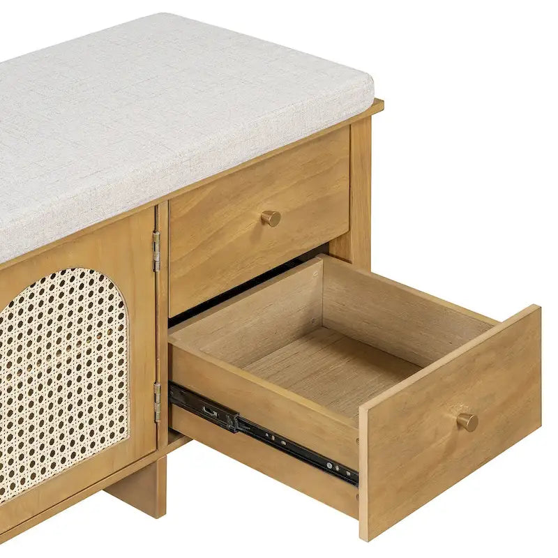 Banc de rangement avec coussin, 2 tiroirs et portes en rotin pour entrée