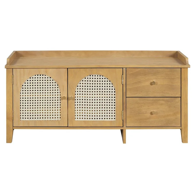 Banc de rangement avec coussin, 2 tiroirs et portes en rotin pour entrée