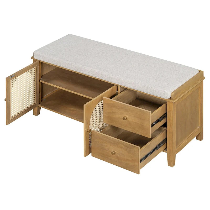 Banc de rangement avec coussin, 2 tiroirs et portes en rotin pour entrée