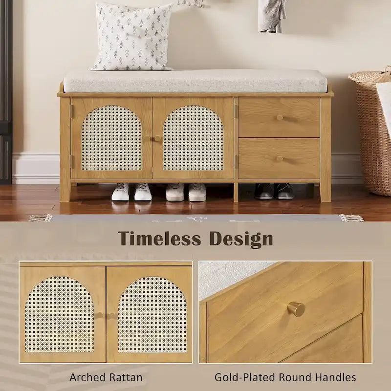 Banc de rangement avec coussin, 2 tiroirs et portes en rotin pour entrée