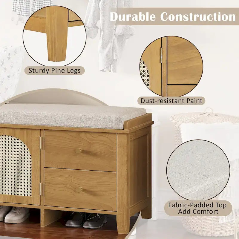 Banc de rangement avec coussin, 2 tiroirs et portes en rotin pour entrée