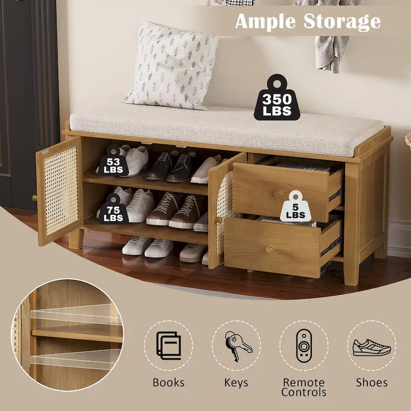 Banc de rangement avec coussin, 2 tiroirs et portes en rotin pour entrée