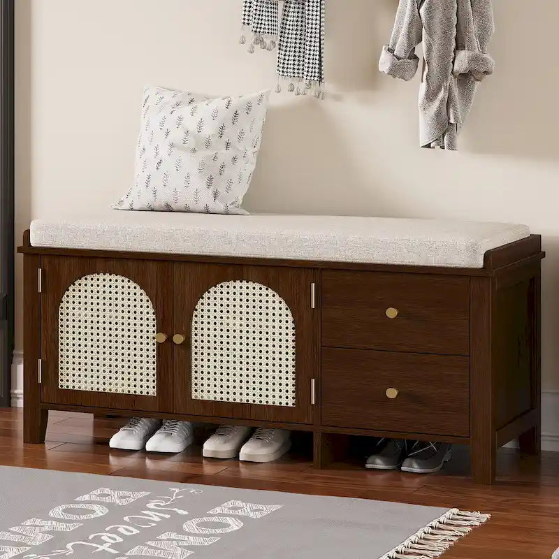 Banc de rangement avec coussin, 2 tiroirs et portes en rotin pour entrée