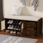 Banc de rangement avec coussin, 2 tiroirs et portes en rotin pour entrée