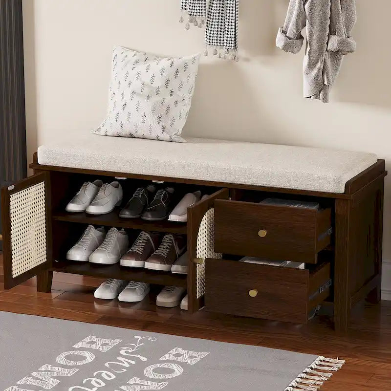Banc de rangement avec coussin, 2 tiroirs et portes en rotin pour entrée